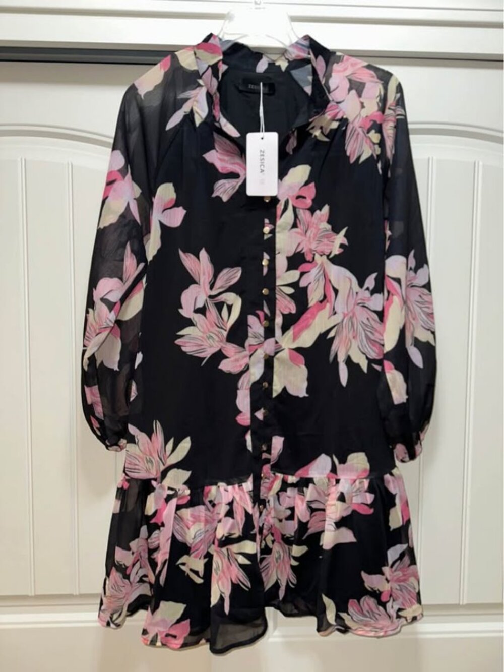 ZESICA Womens Floral Mini Dress Long Sleeve Button Chiffon A Line Swing Short LG